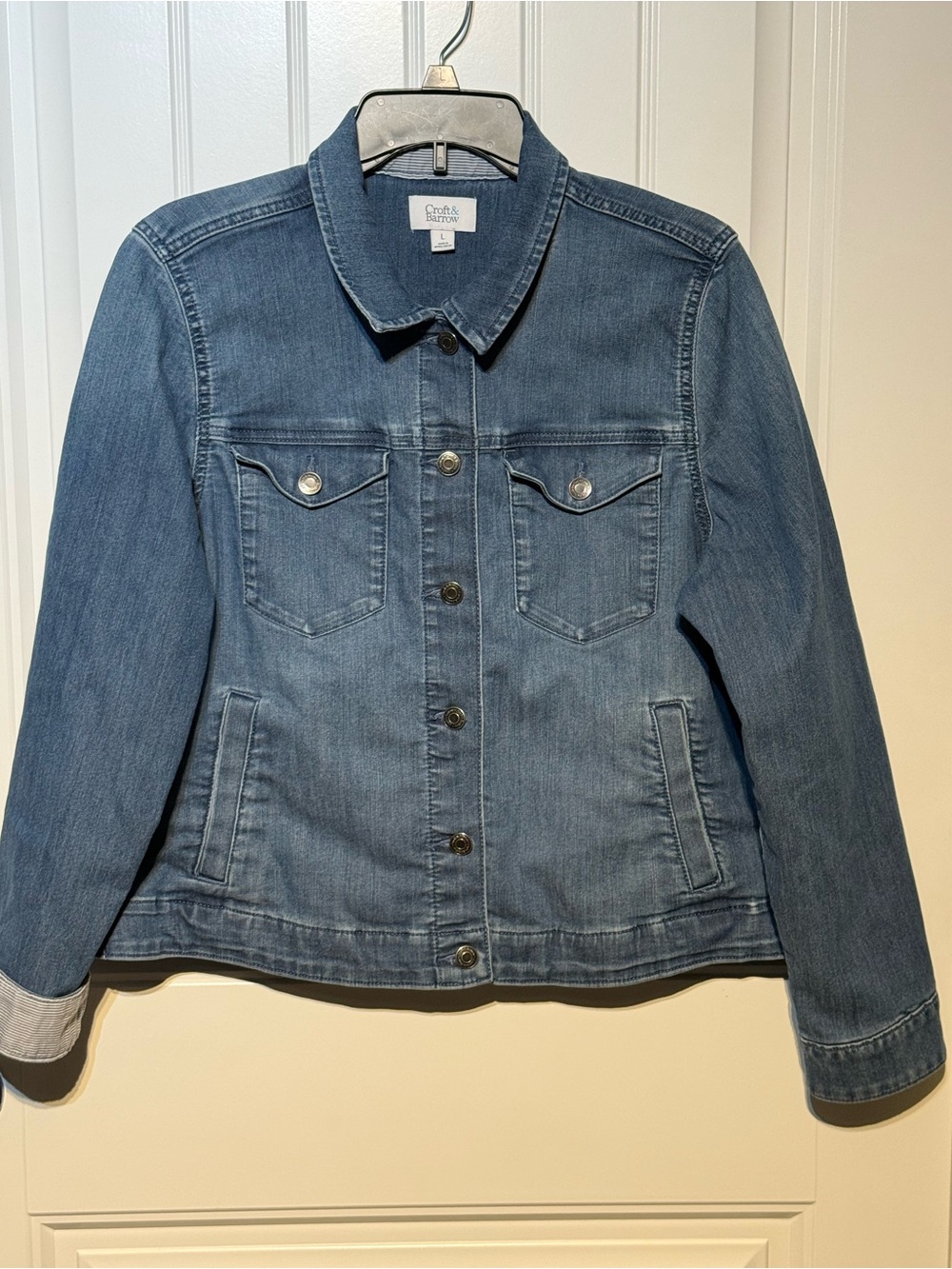 croft & barrow Medium Blue Denim Jean Jacket pin striped cuff-LG